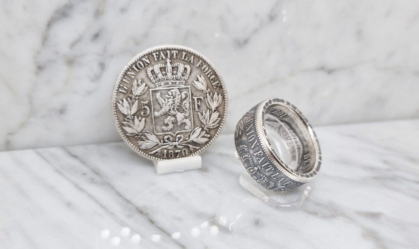 Bague pièce de monnaie 5 Francs de Belgique en argent (coin ring)