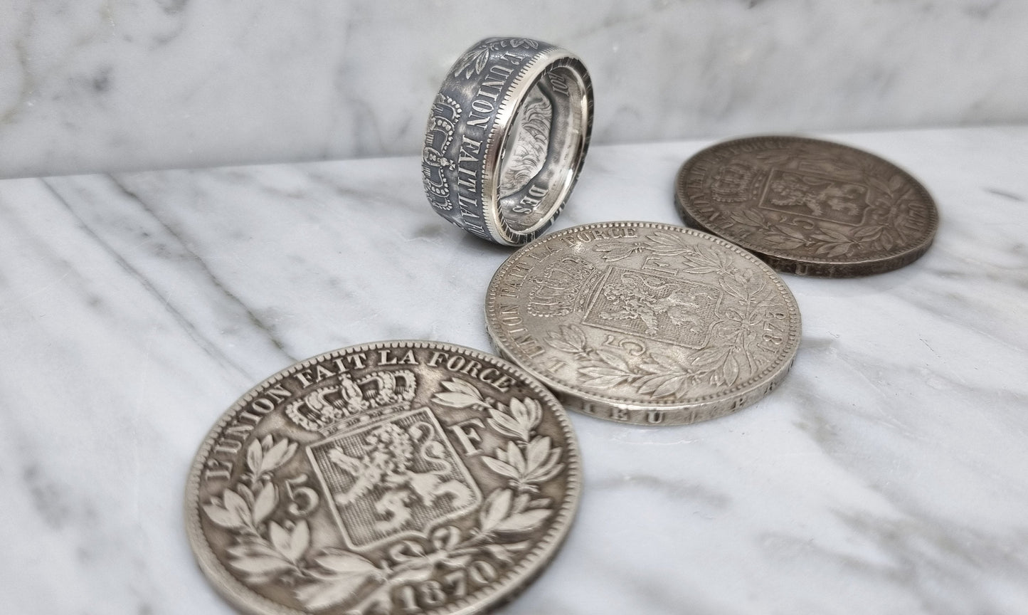 Bague pièce de monnaie 5 Francs de Belgique en argent (coin ring)