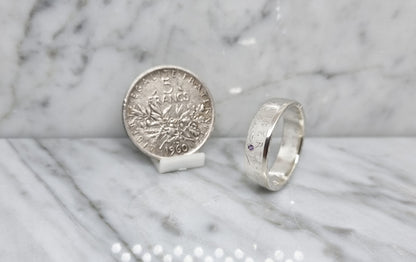 Bague pièce de monnaie 5 Francs Semeuse en argent serti d'une améthyste (coin ring)