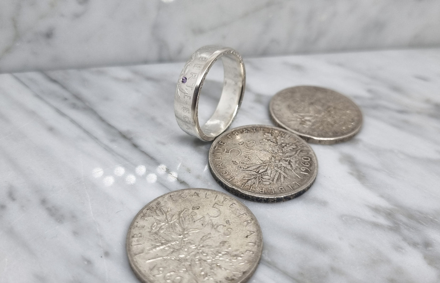 Bague pièce de monnaie 5 Francs Semeuse en argent serti d'une améthyste (coin ring)