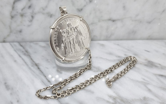 Pendentif pièce de monnaie 10 Francs Hercule en argent fait main