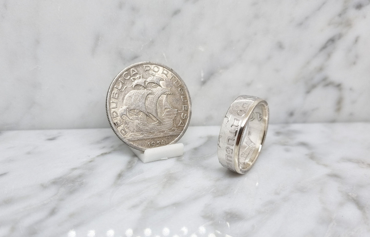 Bague pièce de monnaie 10 Escudos du Portugal en argent (coin ring)