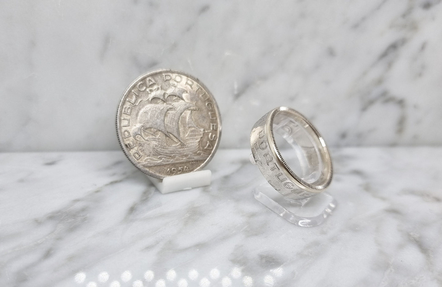 Bague pièce de monnaie 10 Escudos du Portugal en argent (coin ring)