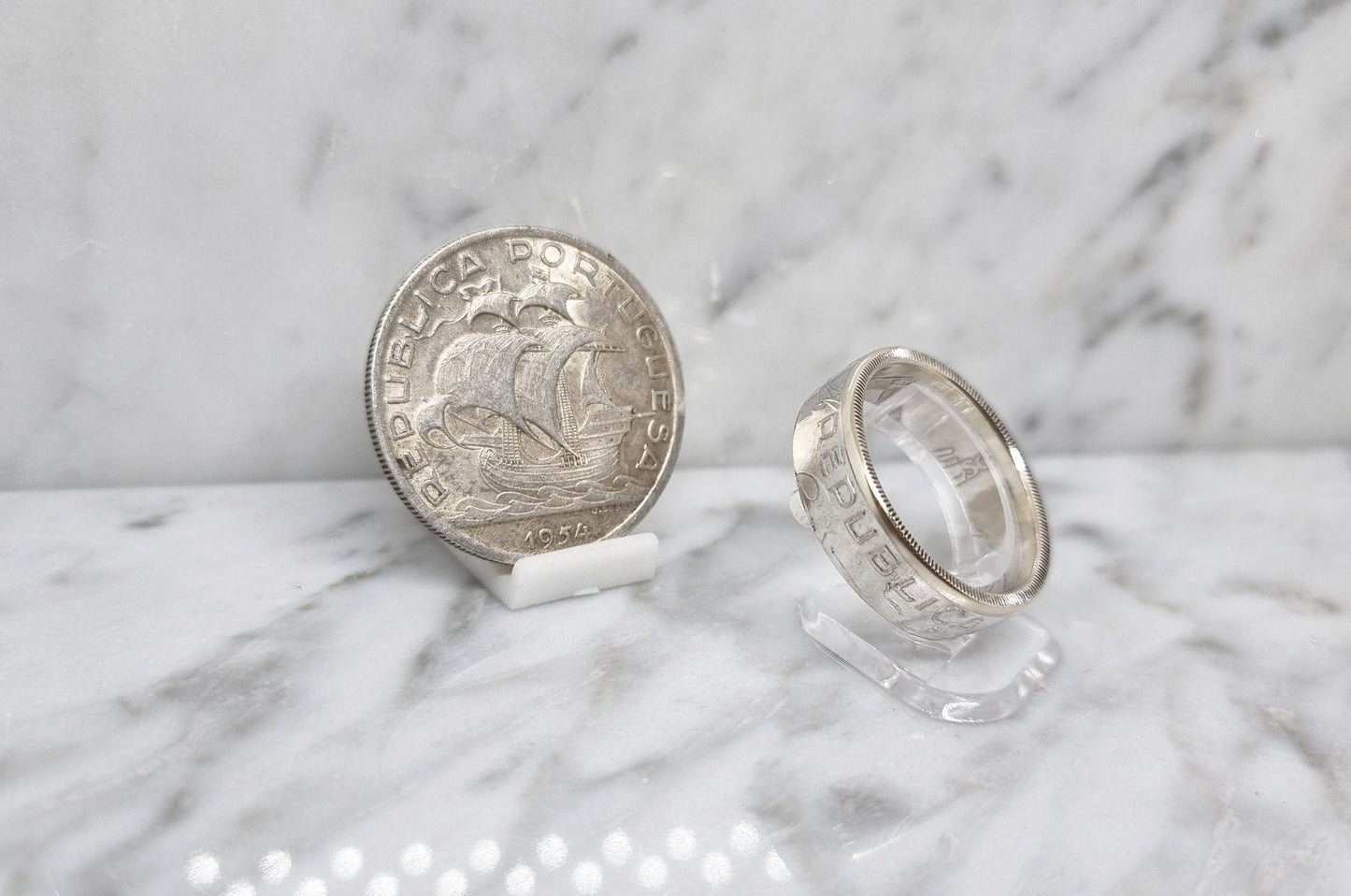 Bague pièce de monnaie 10 Escudos du Portugal en argent (coin ring)