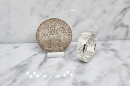 Bague pièce de monnaie 100 Francs "Panthéon" en argent serti d'un rubis (coin ring)