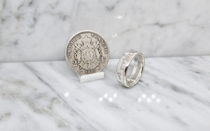 Bague pièce de monnaie 2 Francs Napoléon en argent serti d'un saphir (coin ring)