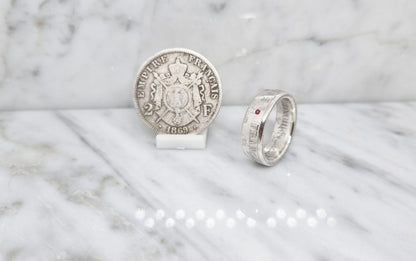 Bague pièce de monnaie 2 Francs Napoléon en argent serti d'un rubis (coin ring)