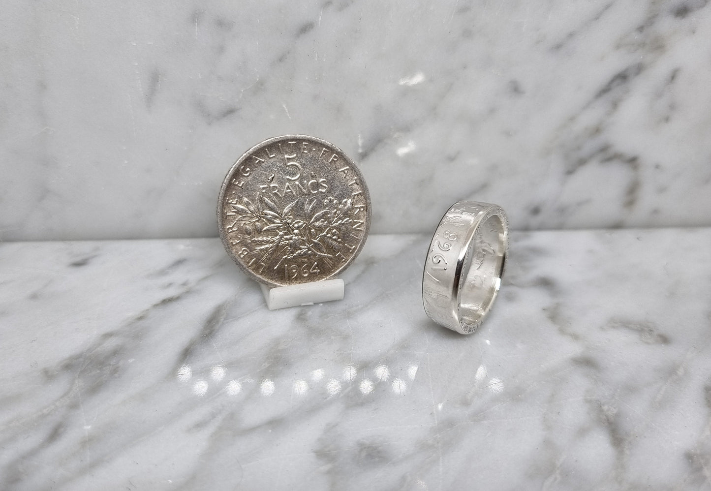 Bague pièce de monnaie 5 Francs Semeuse en argent serti d'un diamant (coin ring)