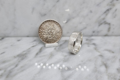 Bague pièce de monnaie 5 Francs Semeuse en argent serti d'une émeraude (coin ring)