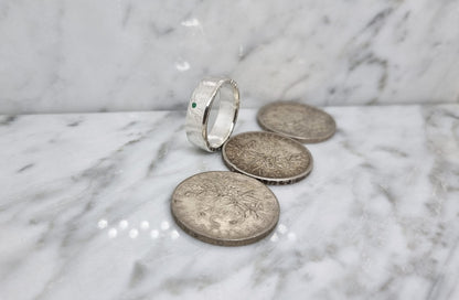 Bague pièce de monnaie 5 Francs Semeuse en argent serti d'une émeraude (coin ring)