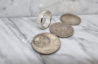 Bague pièce de monnaie 5 Francs Semeuse en argent serti d'un péridot (coin ring)