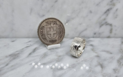 Bague pièce de monnaie 5 Francs Suisse en argent style alliance (coin ring)