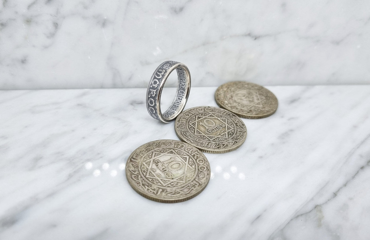 Bague pièce de monnaie 10 Francs du Maroc en argent (coin ring)