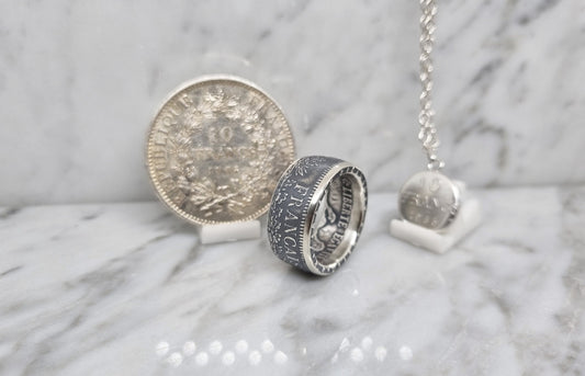 Bague pièce de monnaie 10 Francs Hercule en argent avec son pendentif (coin ring)