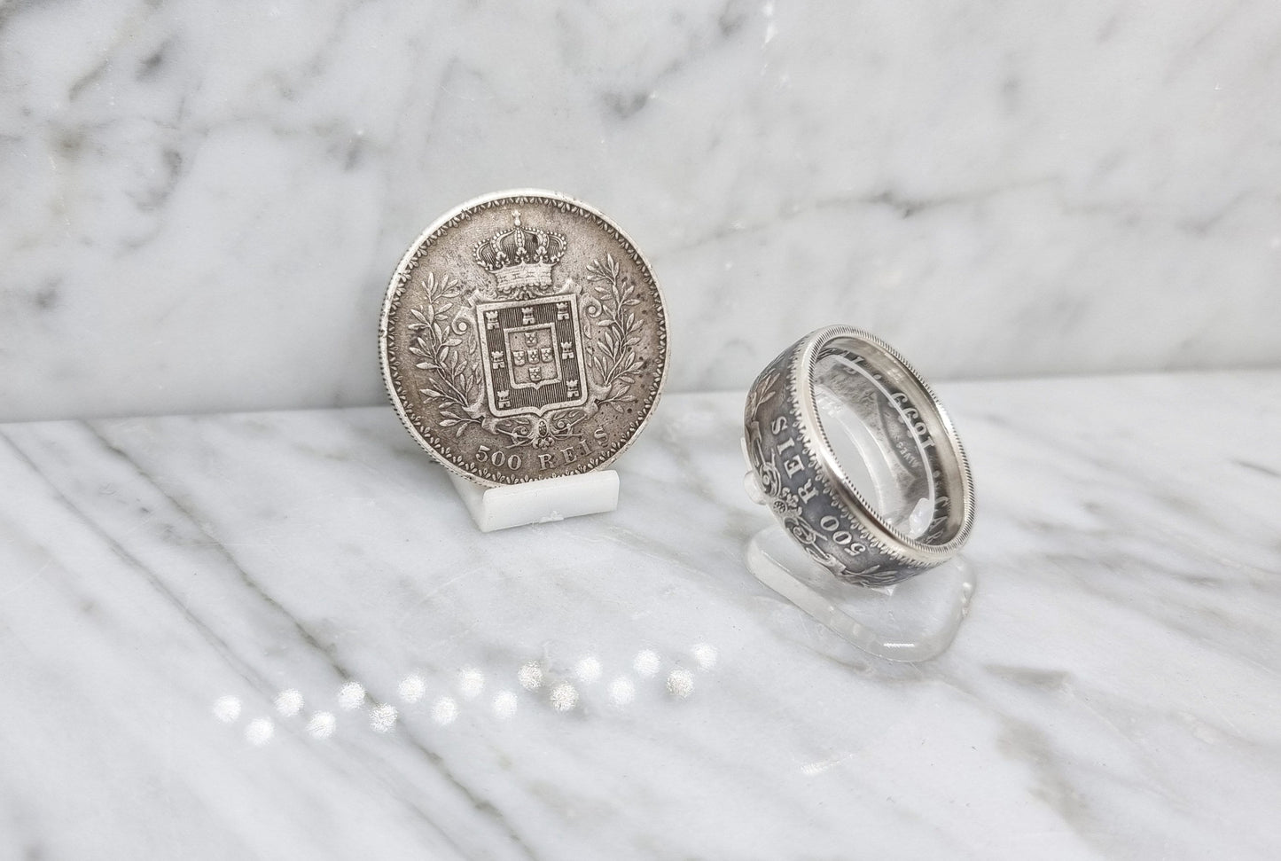 Bague pièce de monnaie 500 Reis du Portugal en argent (coin ring)