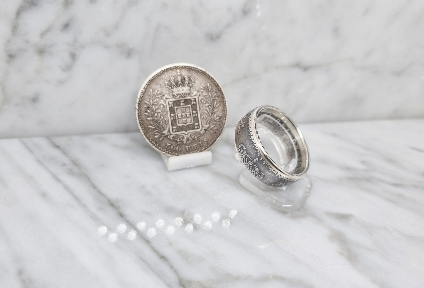 Bague pièce de monnaie 500 Reis du Portugal en argent (coin ring)