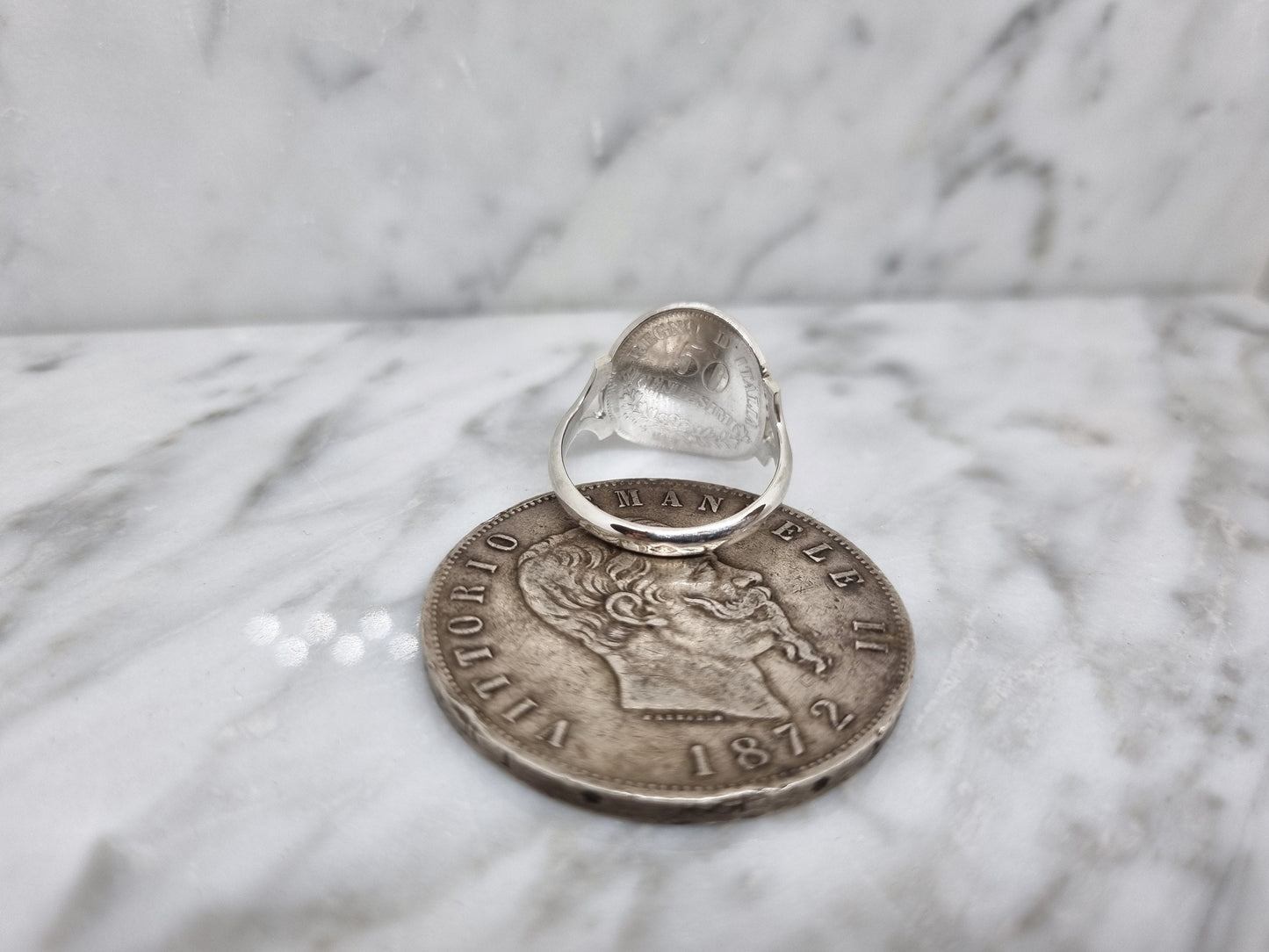 Bague pièce de monnaie 50 Centesimi d'Italie cintrée en argent