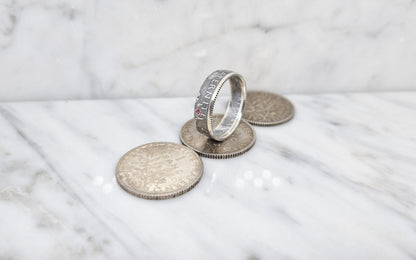 Bague pièce de monnaie 1 Franc Semeuse en argent serti d'un rubis (coin ring)