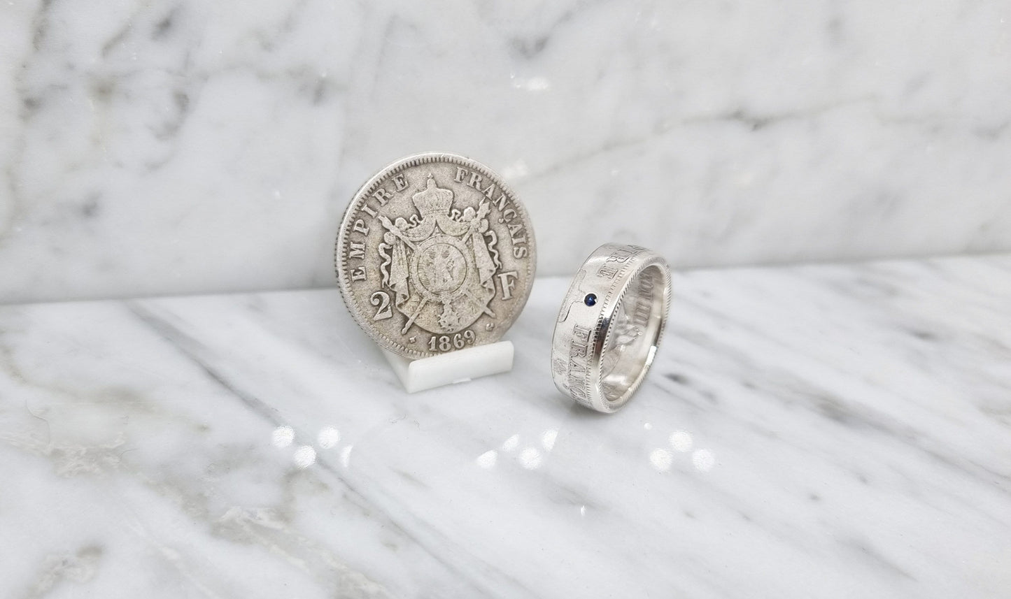 Bague pièce de monnaie 2 Francs Napoléon en argent serti d'un saphir (coin ring)