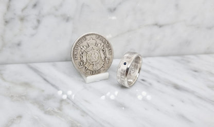 Bague pièce de monnaie 2 Francs Napoléon en argent serti d'un saphir (coin ring)