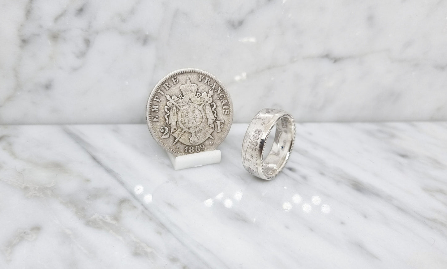 Bague pièce de monnaie 2 Francs Napoléon en argent serti d'un saphir (coin ring)