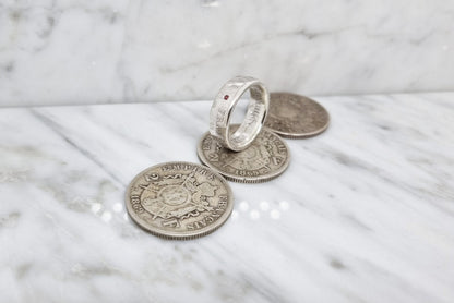 Bague pièce de monnaie 2 Francs Napoléon en argent serti d'un rubis (coin ring)