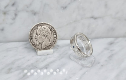 Bague pièce de monnaie 2 Francs Napoléon III visible en argent serti d'un saphir (coin ring)