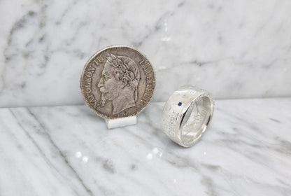 Bague pièce de monnaie 5 Francs Napoléon en argent serti d'un saphir (coin ring)