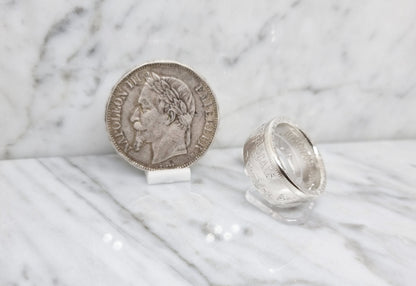 Bague pièce de monnaie 5 Francs Napoléon en argent serti d'un saphir (coin ring)