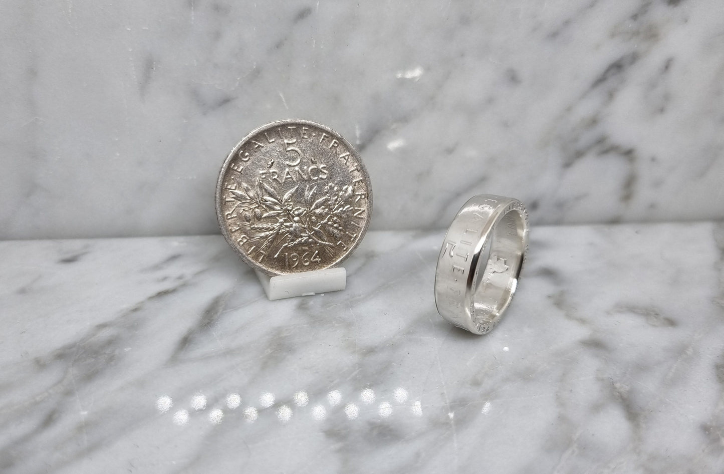 Bague pièce de monnaie 5 Francs Semeuse en argent serti d'un diamant (coin ring)