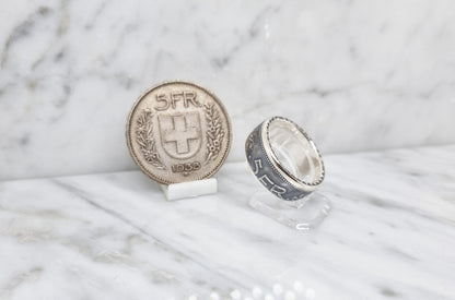 Bague pièce de monnaie 5 Francs Suisse en argent style alliance (coin ring)