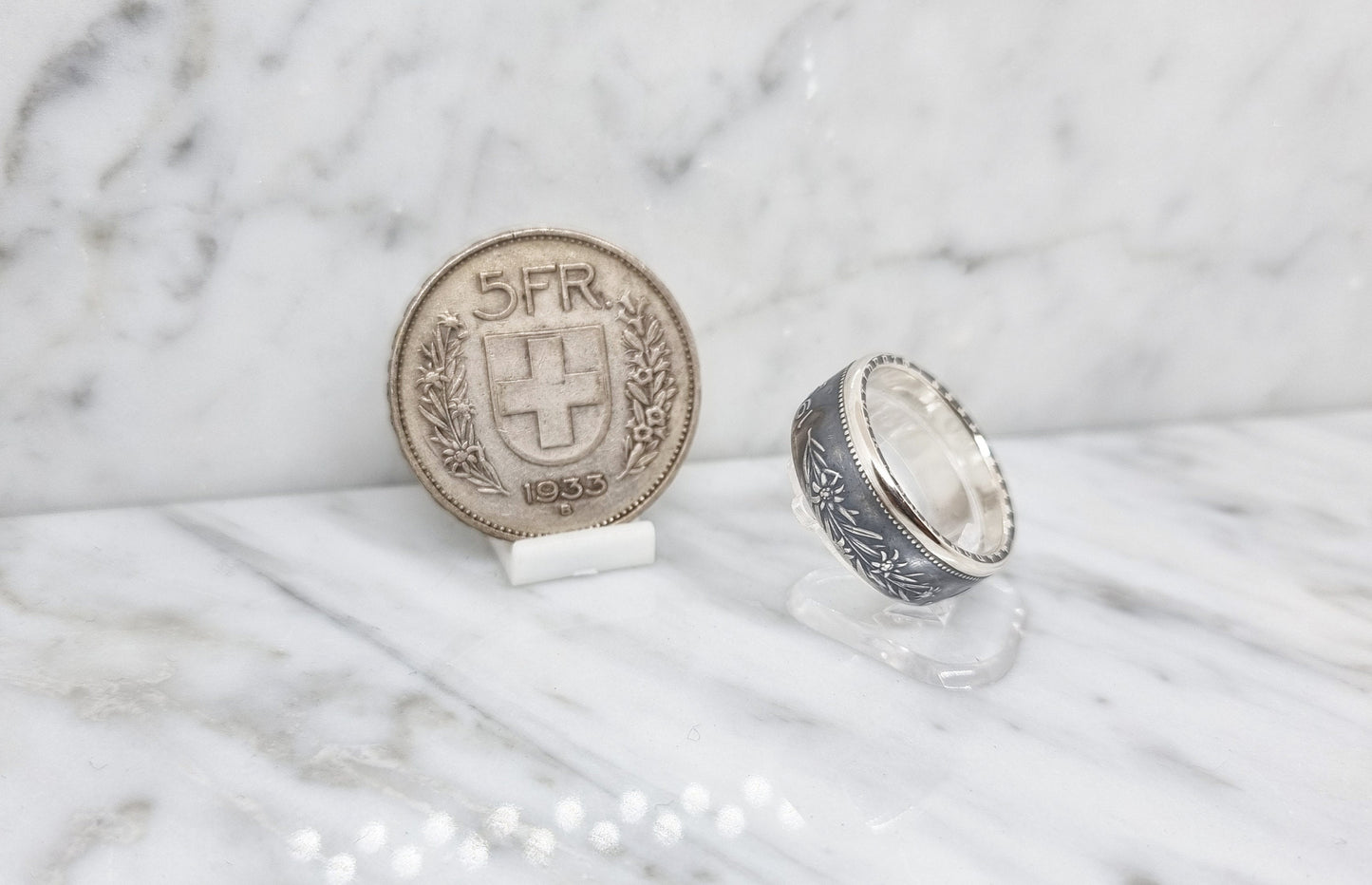 Bague pièce de monnaie 5 Francs Suisse en argent style alliance (coin ring)