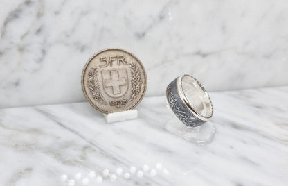 Bague pièce de monnaie 5 Francs Suisse en argent style alliance (coin ring)