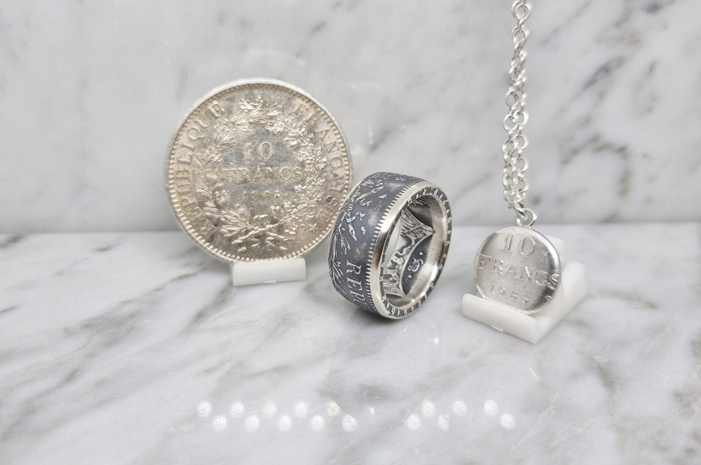 Bague pièce de monnaie 10 Francs Hercule en argent avec son pendentif (coin ring)