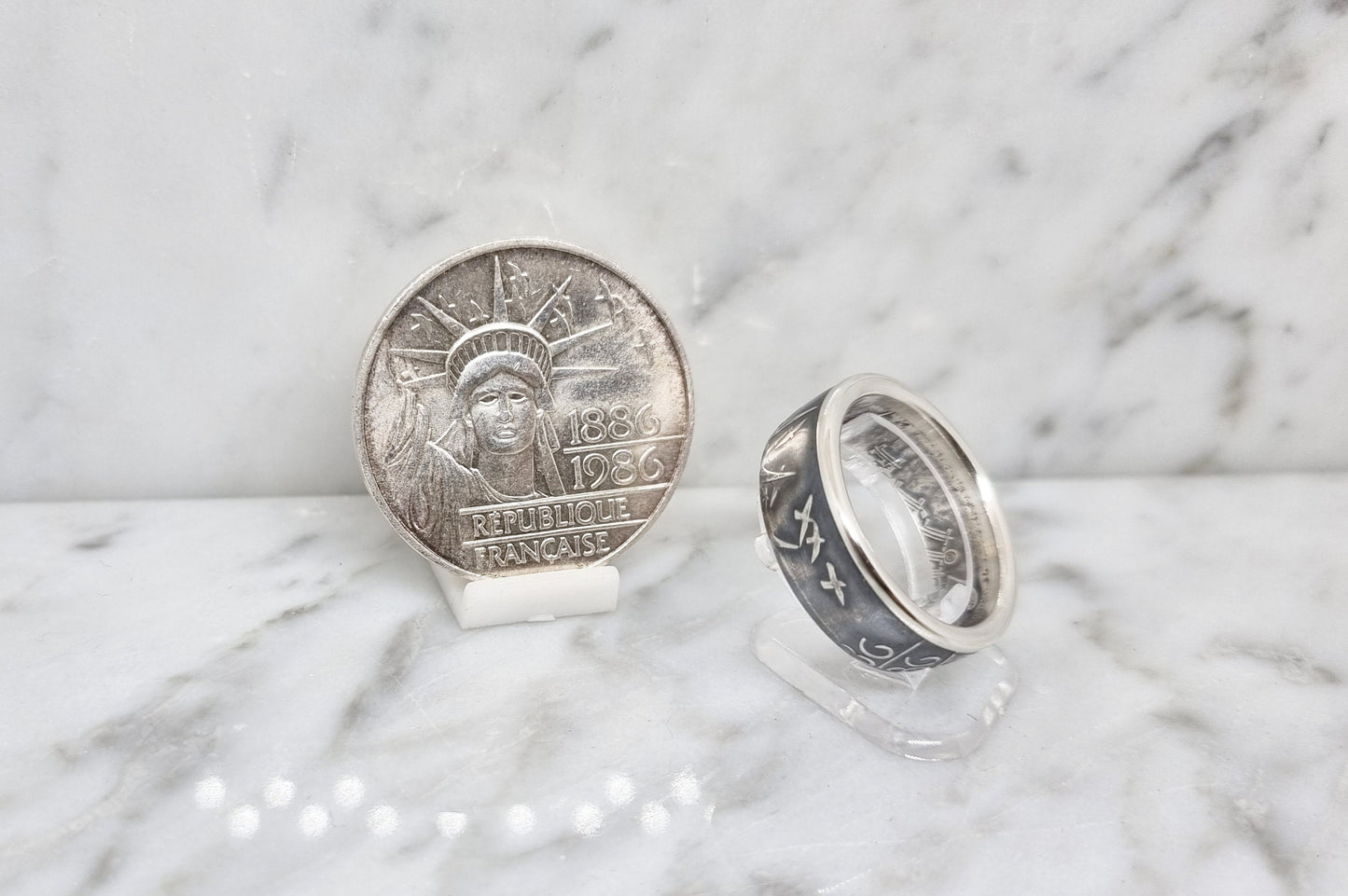 Bague pièce de monnaie 100 Francs "Statue de la Liberté" en argent (coin ring)