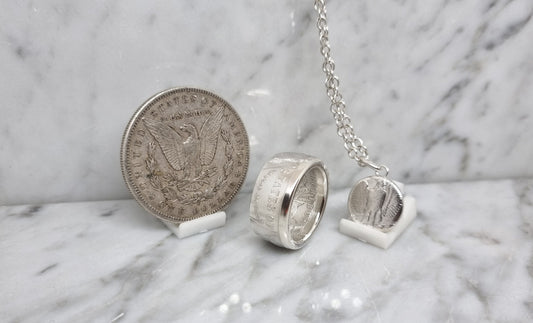 Bague pièce de monnaie 1 Dollar Morgan des Etats-Unis en argent avec son pendentif (coin ring)