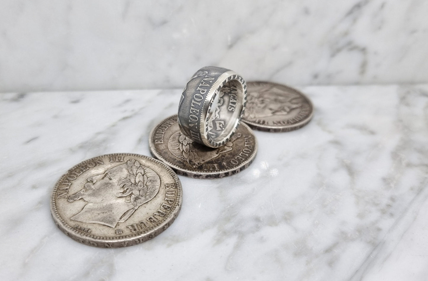 Bague pièce de monnaie 5 Francs Napoléon III visible en argent (coin ring)