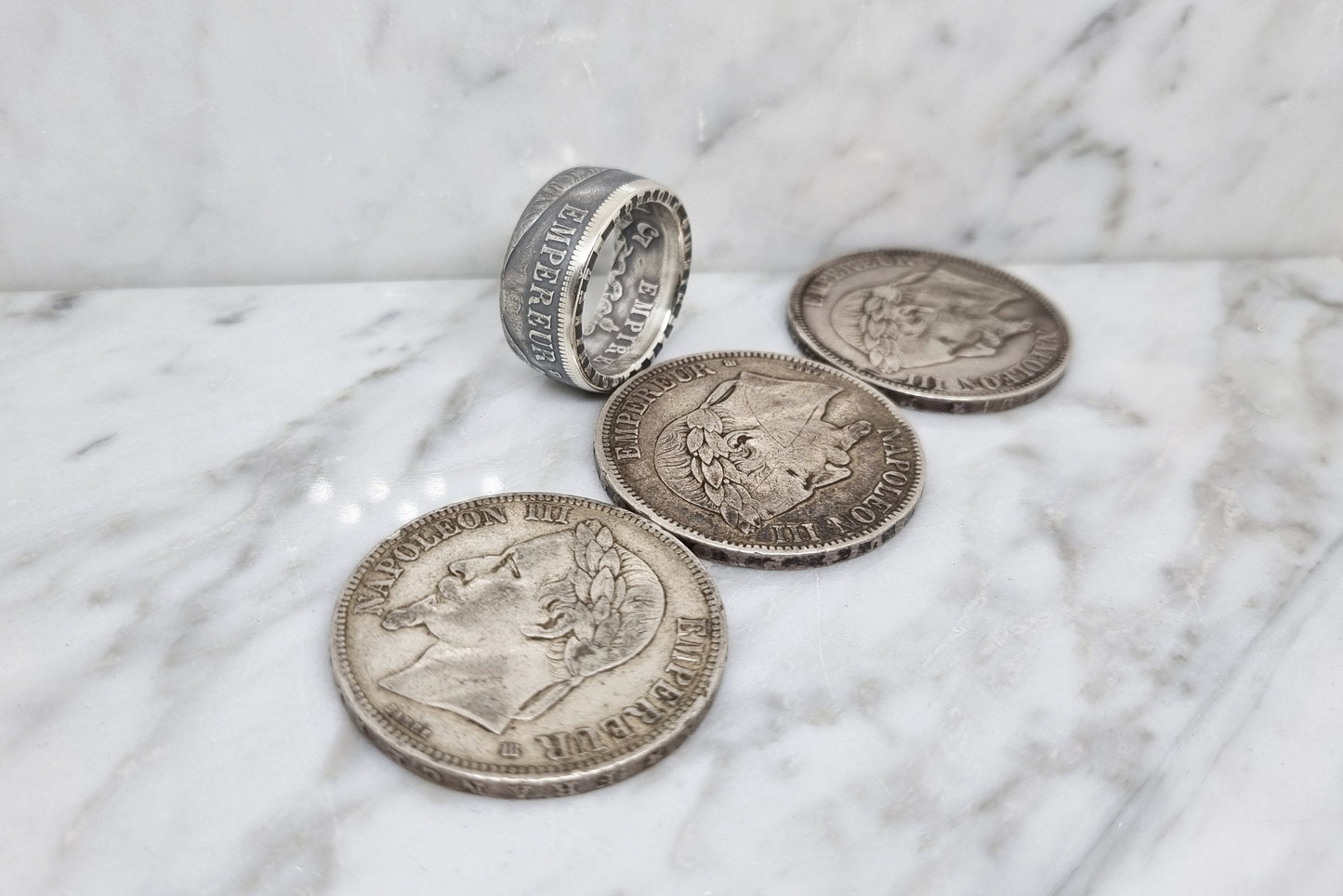 Bague pièce de monnaie 5 Francs Napoléon III visible en argent (coin ring)