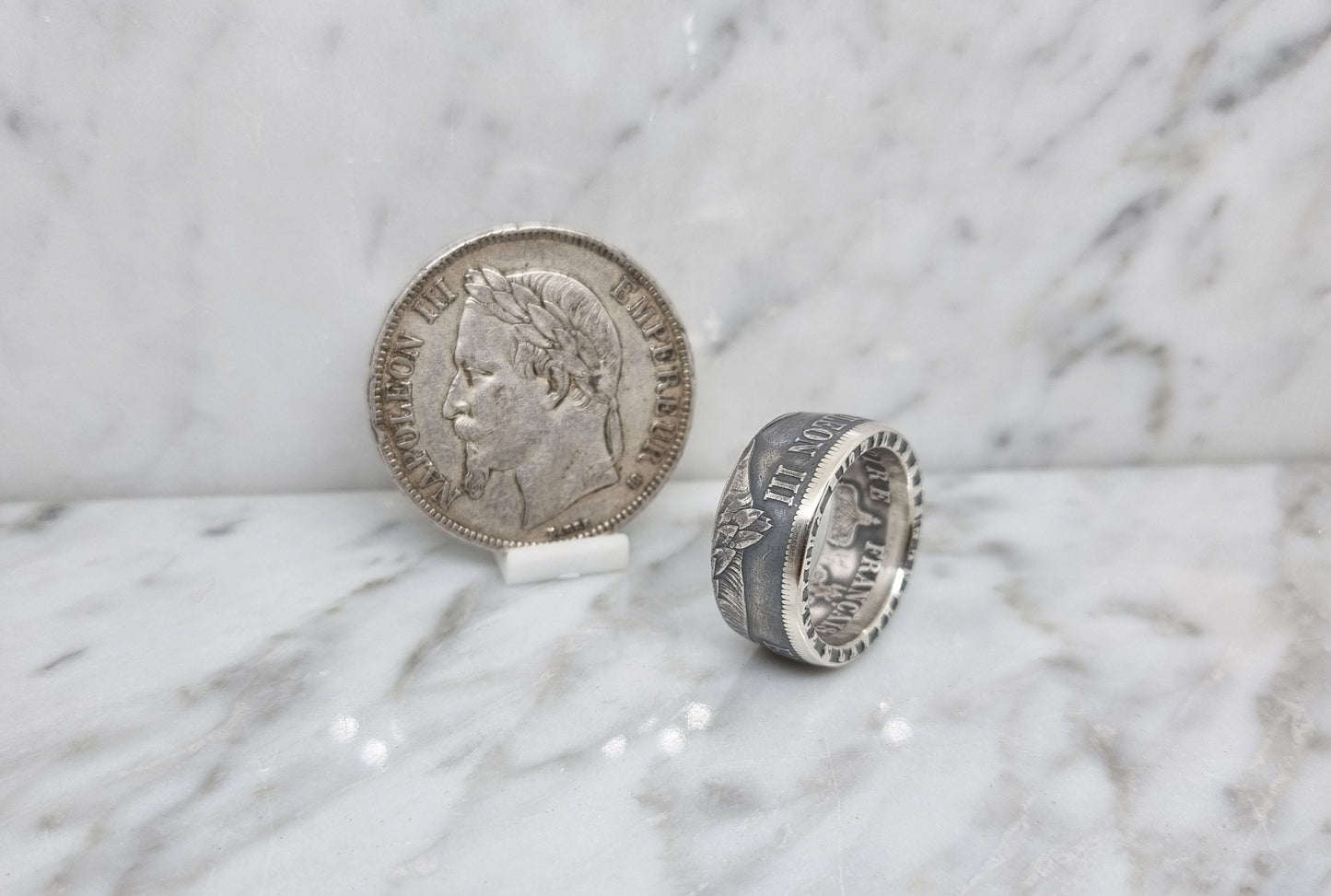 Bague pièce de monnaie 5 Francs Napoléon III visible en argent (coin ring)