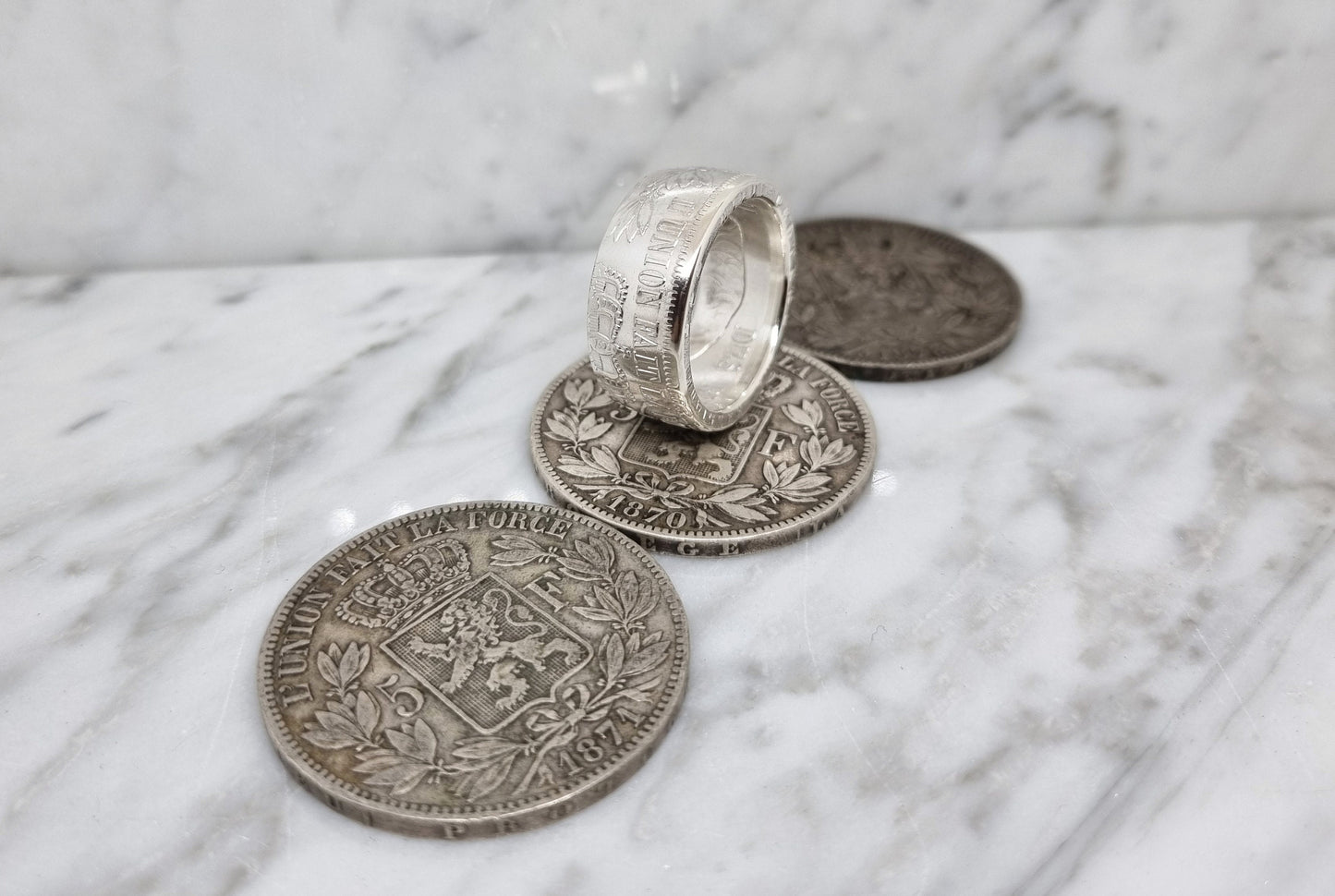 Bague pièce de monnaie 5 Francs de Belgique en argent (coin ring)