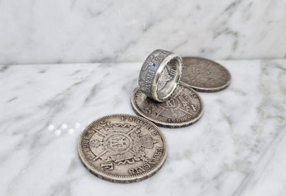 Bague pièce de monnaie 5 Francs Napoléon III en argent serti d'un saphir (coin ring)