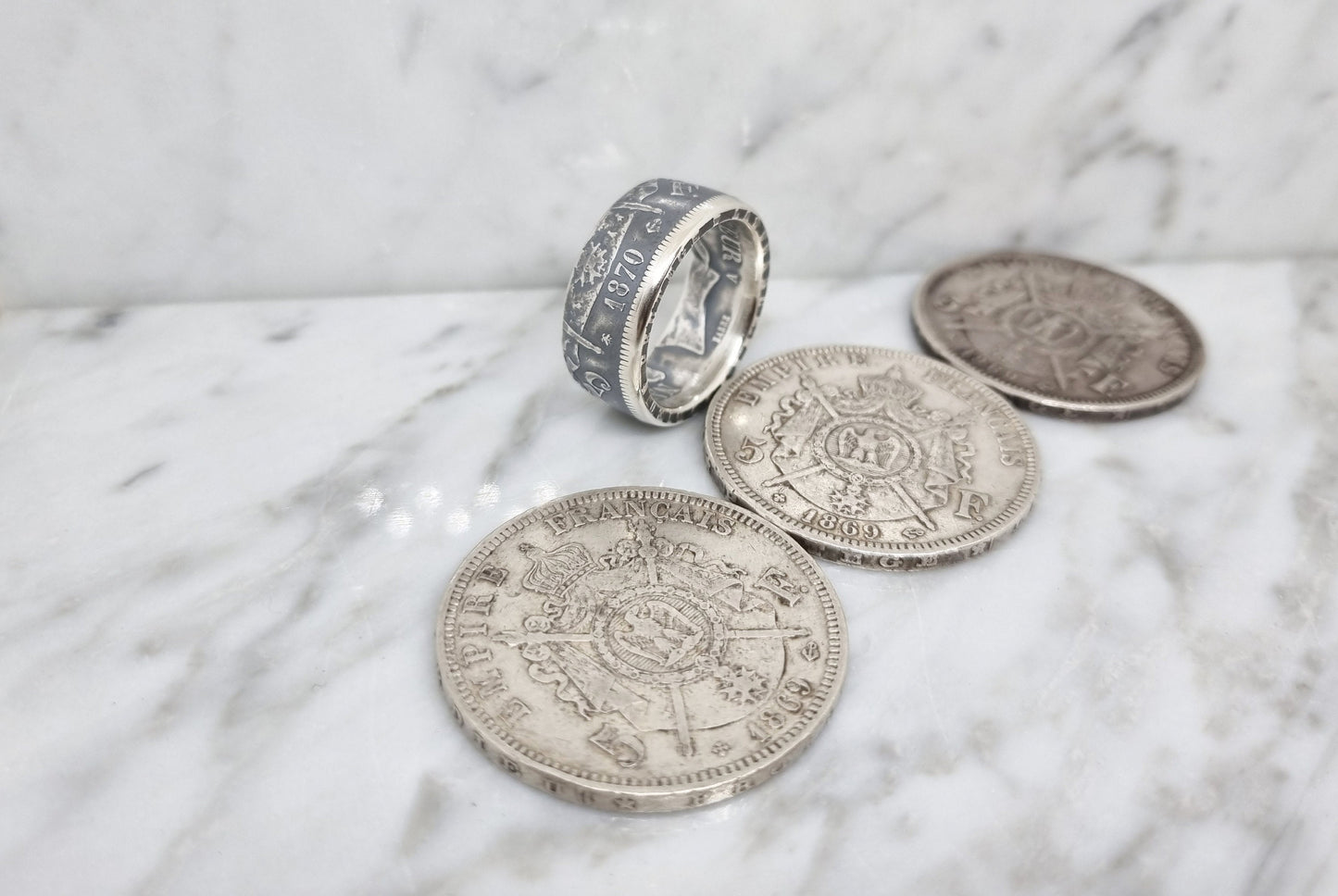 Bague pièce de monnaie 5 Francs Napoléon III en argent (coin ring)