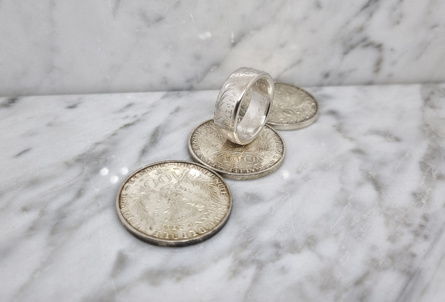 Bague pièce de monnaie 100 Francs "Marie Curie" en argent (coin ring)