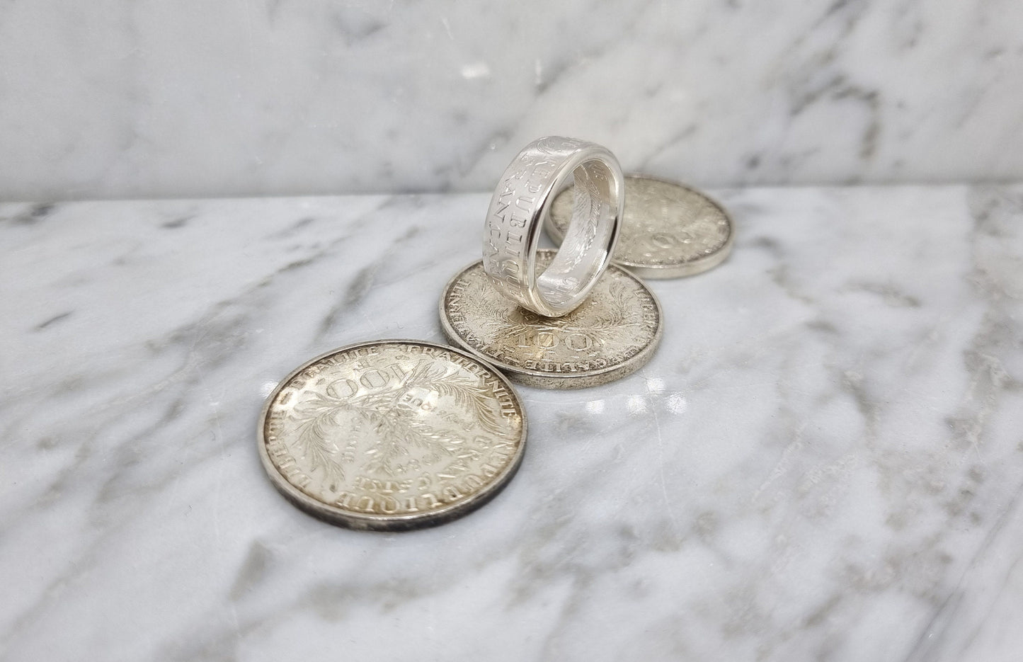 Bague pièce de monnaie 100 Francs "Marie Curie" en argent (coin ring)