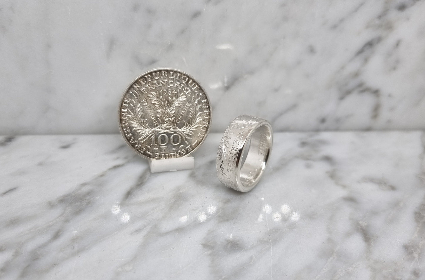 Bague pièce de monnaie 100 Francs "Marie Curie" en argent (coin ring)