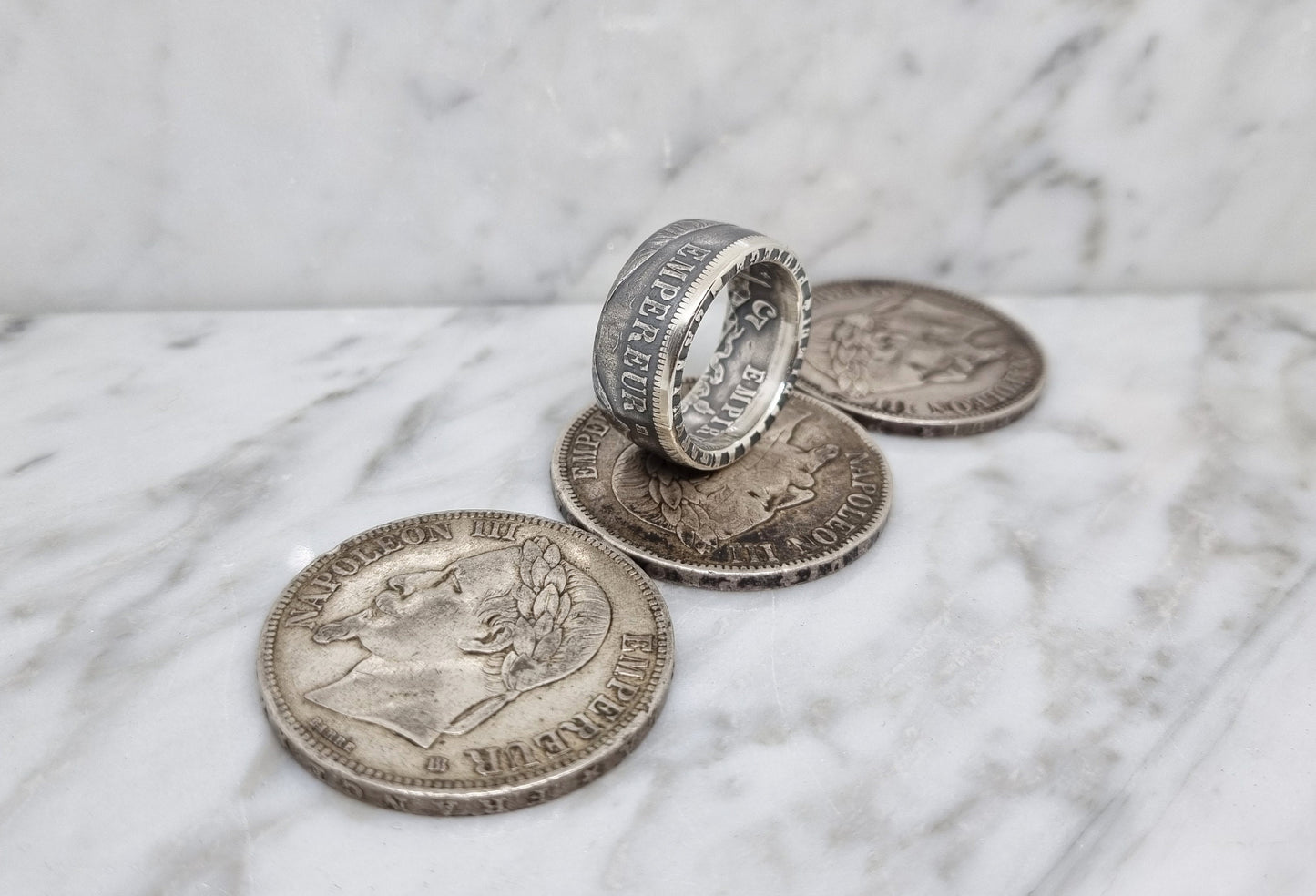 Bague pièce de monnaie 5 Francs Napoléon III visible en argent (coin ring)