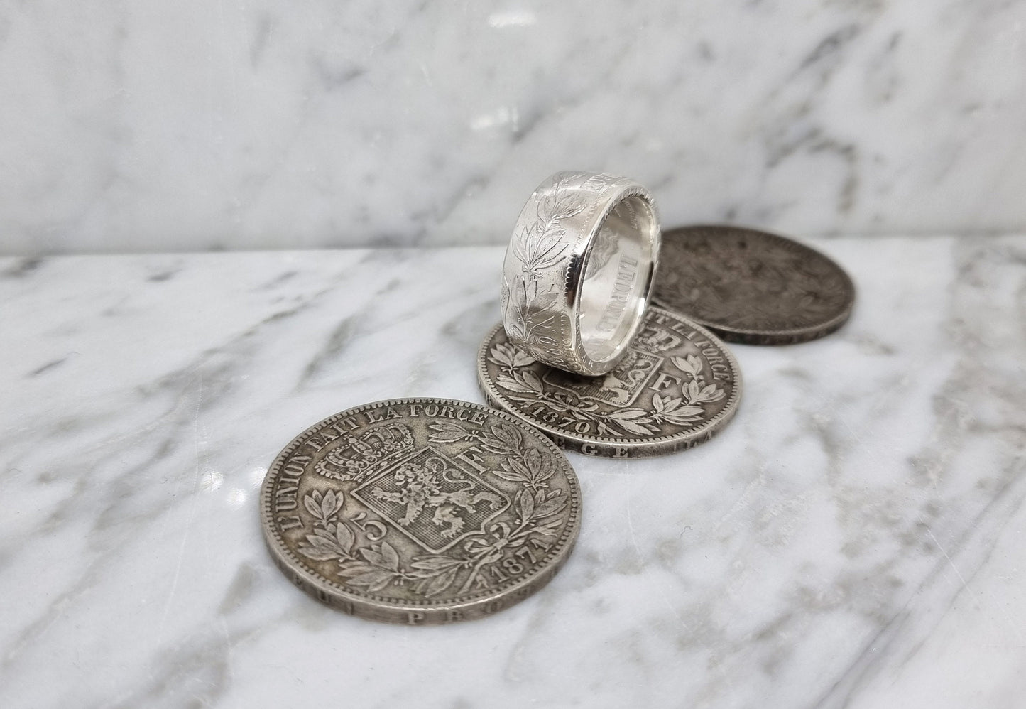 Bague pièce de monnaie 5 Francs de Belgique en argent (coin ring)