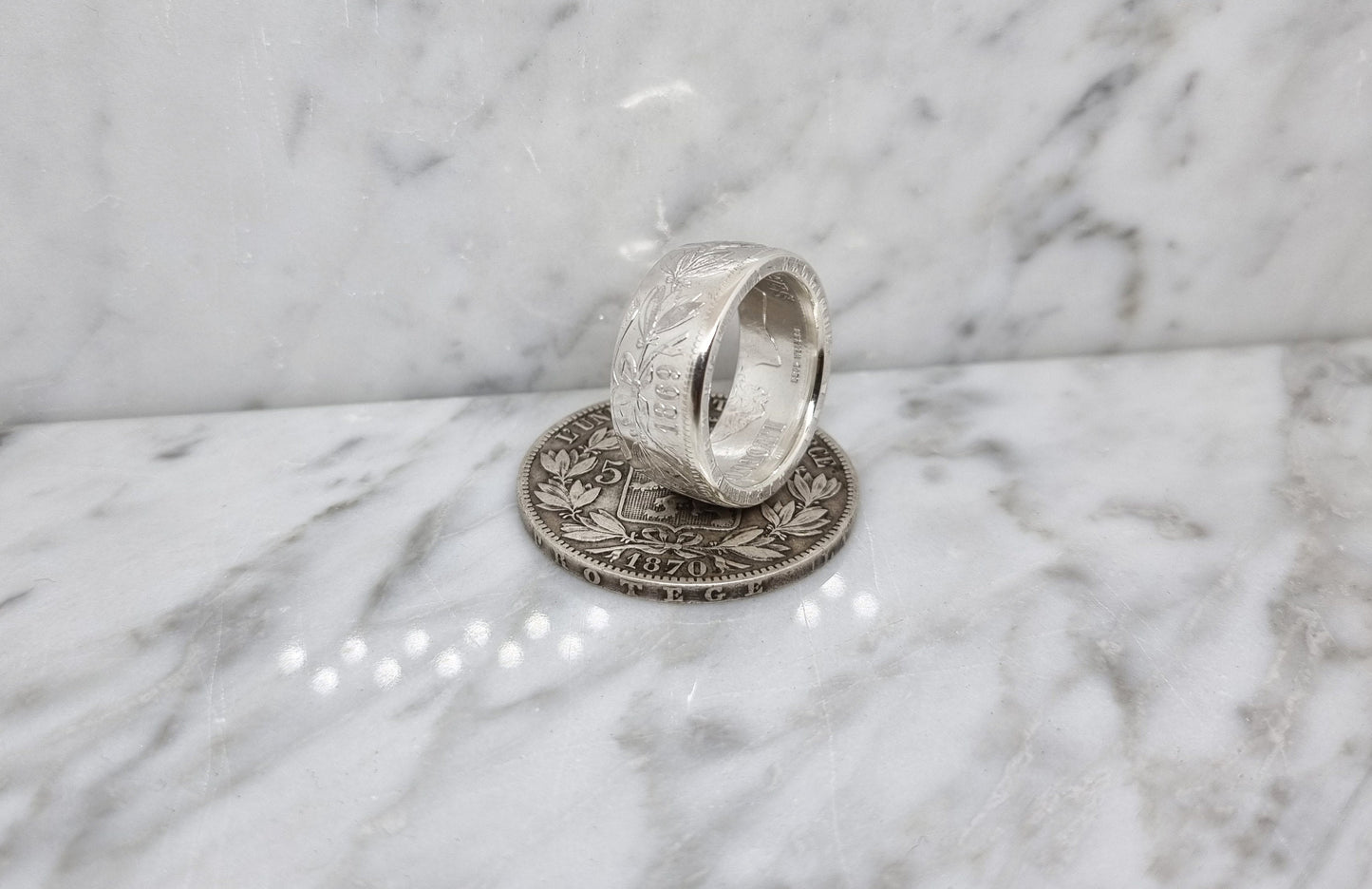 Bague pièce de monnaie 5 Francs de Belgique en argent (coin ring)