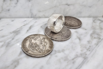 Bague pièce de monnaie 5 Francs Napoléon III visible en argent serti d'un rubis (coin ring)