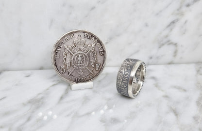 Bague pièce de monnaie 5 Francs Napoléon III en argent serti d'un saphir (coin ring)